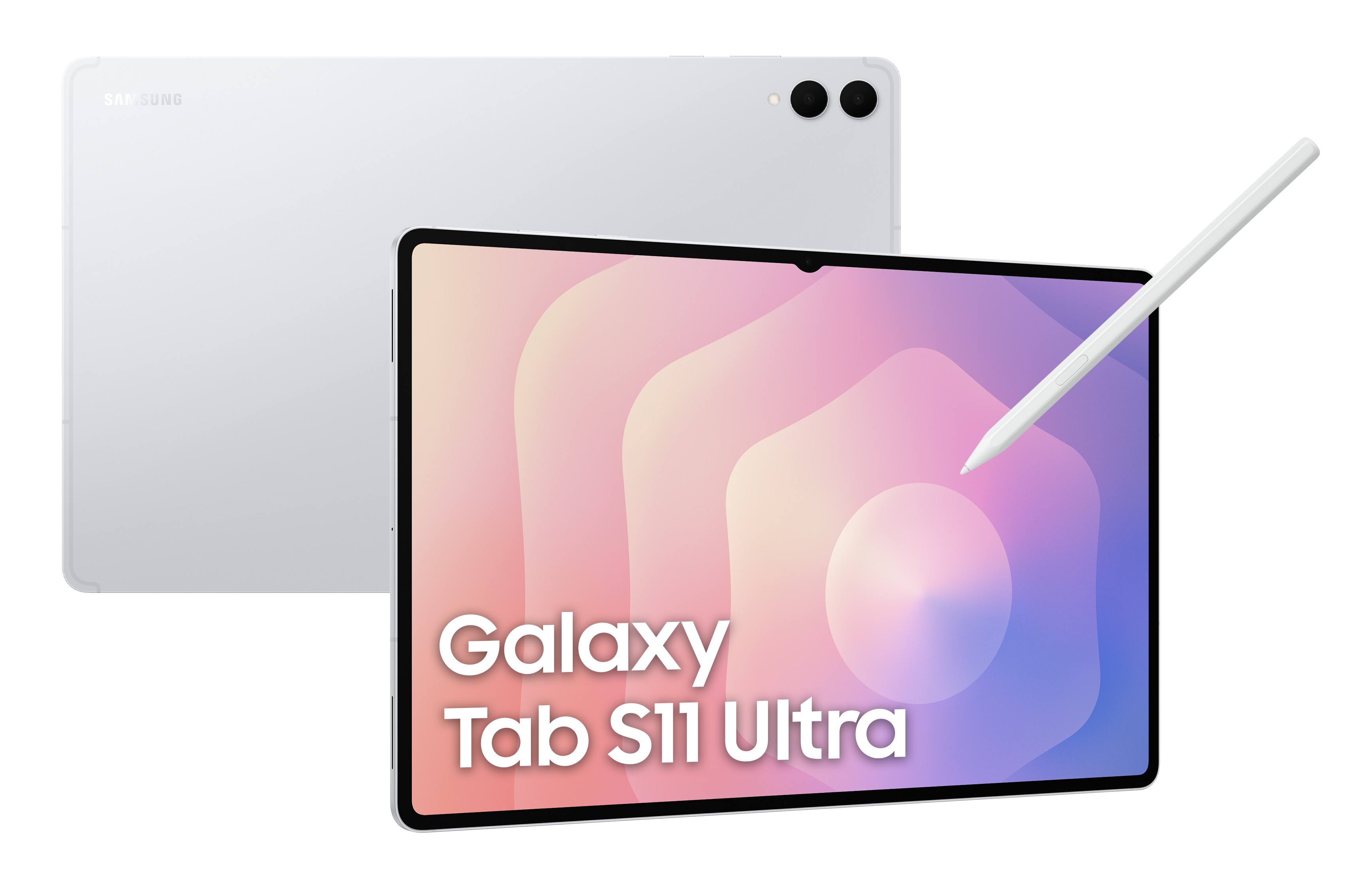 Wyświetlany jest srebrny tablet z rysikiem. Ekran wyświetla tekst „Galaxy Tab S11 Ultra”. Za nim jest inny tablet.