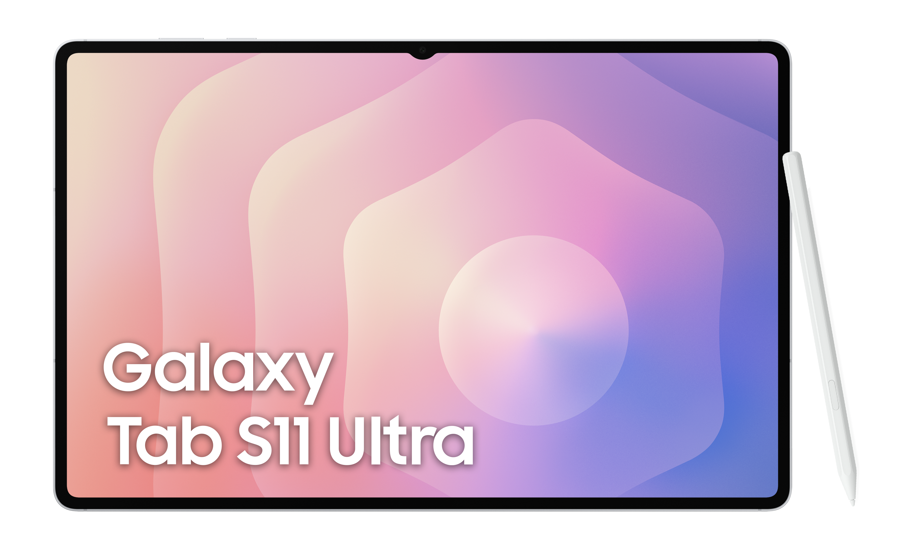 Tablet Galaxy Tab S11 Ultra. Ekran pokazuje gradient różu, fioletu i niebieskiego, z rysikiem. Czarne tło.