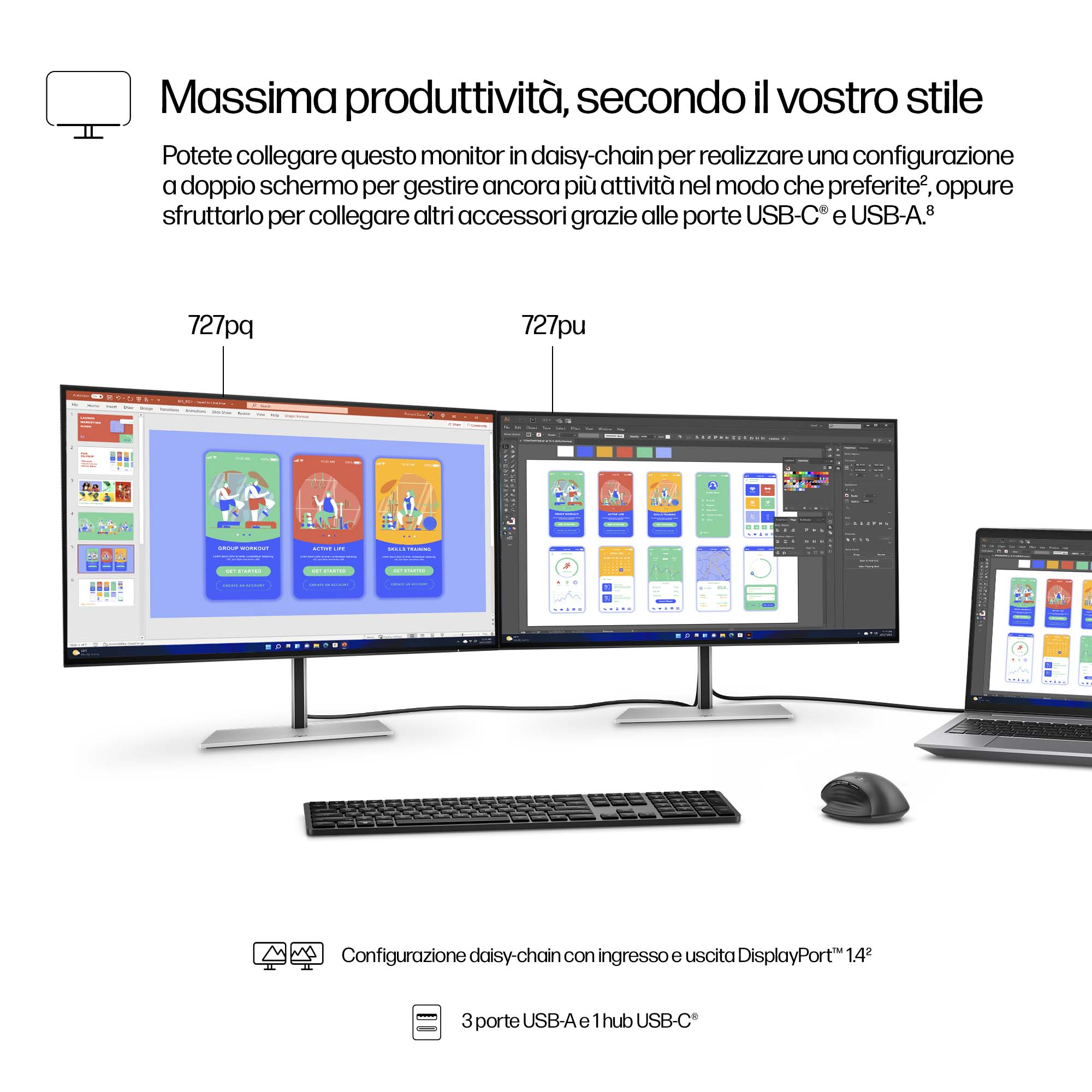 Due monitor mostrano app, laptop, tastiera e mouse. Testo sullo schermo: 'Group Workout', 'Active Life' e 'Skills Training'.