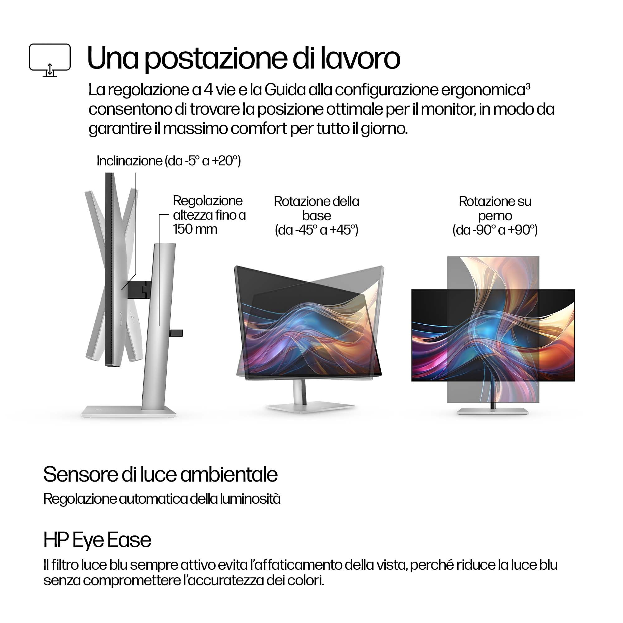 Immagine mostra un monitor con posizioni regolabili, inclinazione, rotazione base e perno. Testo descrive funzioni ergonomiche e filtro luce blu.