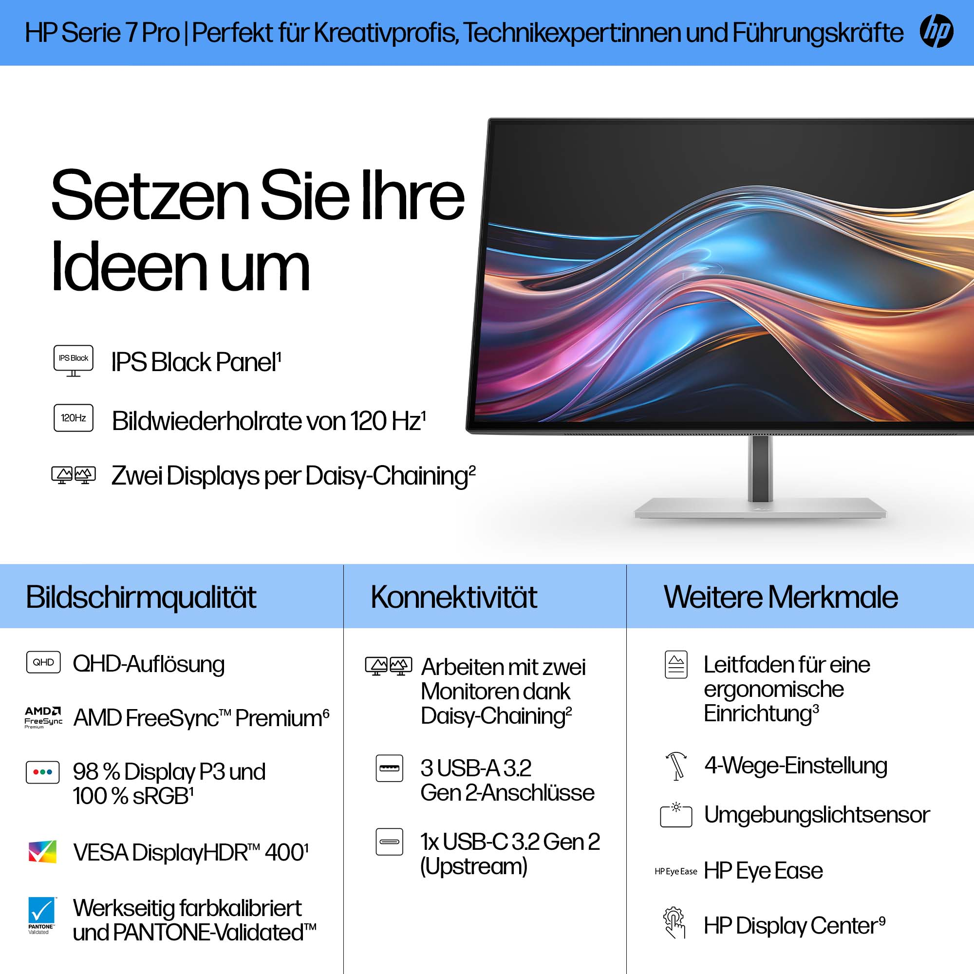 Ein HP-Monitor mit geschwungenem Bildschirm zeigt farbenfrohe abstrakte Grafiken. Text beschreibt Funktionen und Vorteile.