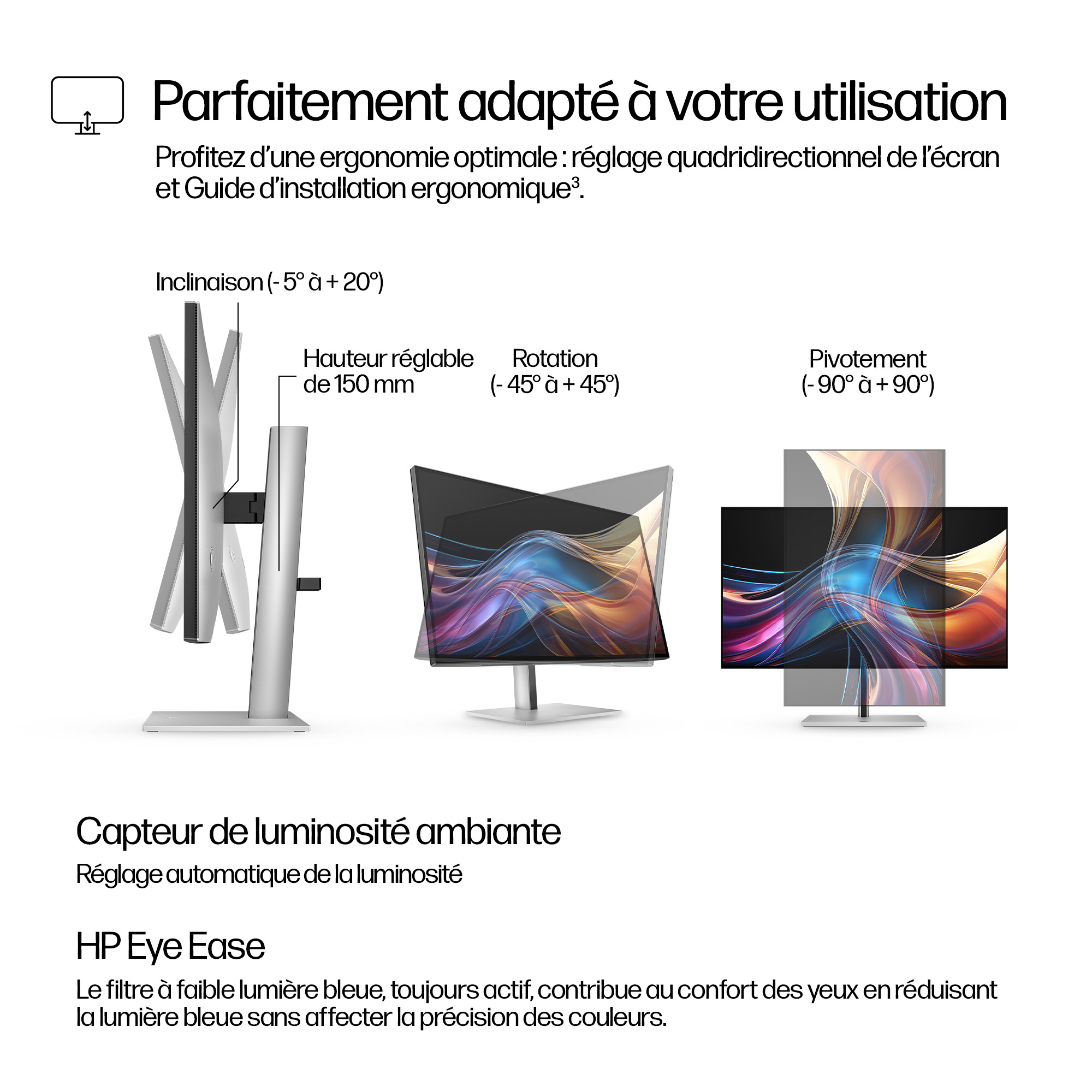 Publicité montrant un moniteur avec des fonctionnalités réglables : inclinaison, hauteur, rotation et pivotement. Souligne le capteur de lumière ambiante et Eye Ease.
