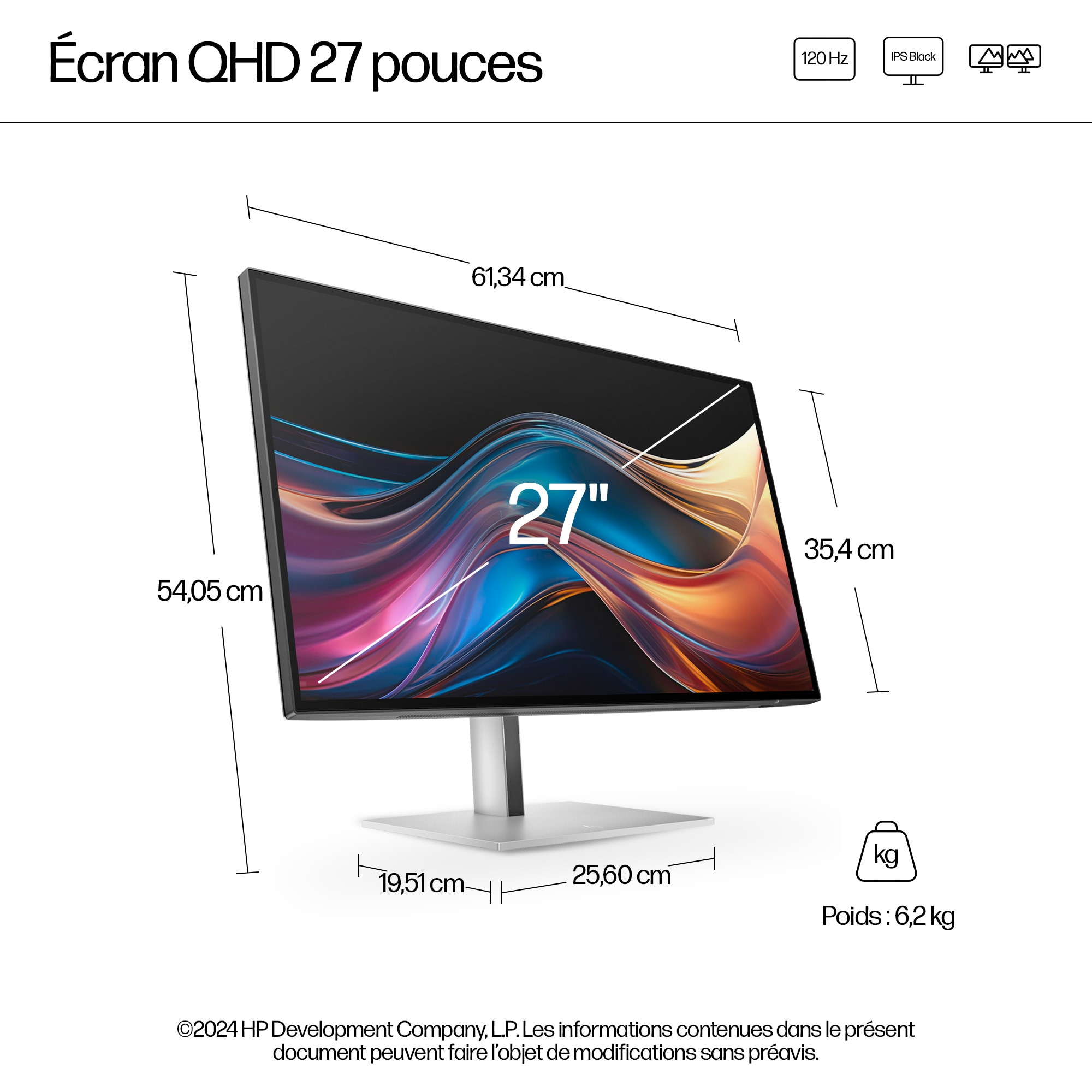 Moniteur QHD de 27 pouces avec dimensions et poids. L'écran affiche une image colorée. Les caractéristiques de l'écran sont montrées.