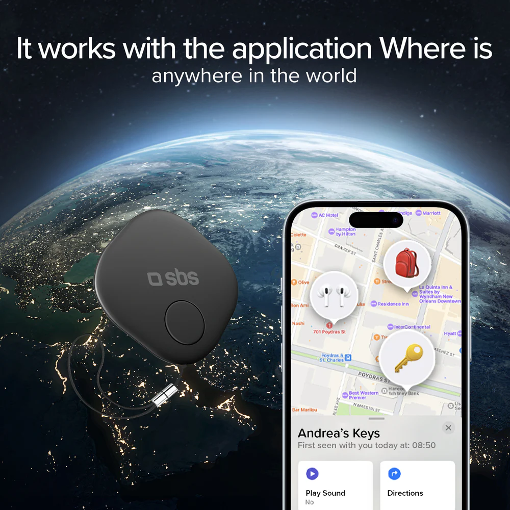 Ein schwarzer Tracker mit SBS-Logo, ein Telefon mit einer Karte und der Erde im Hintergrund.