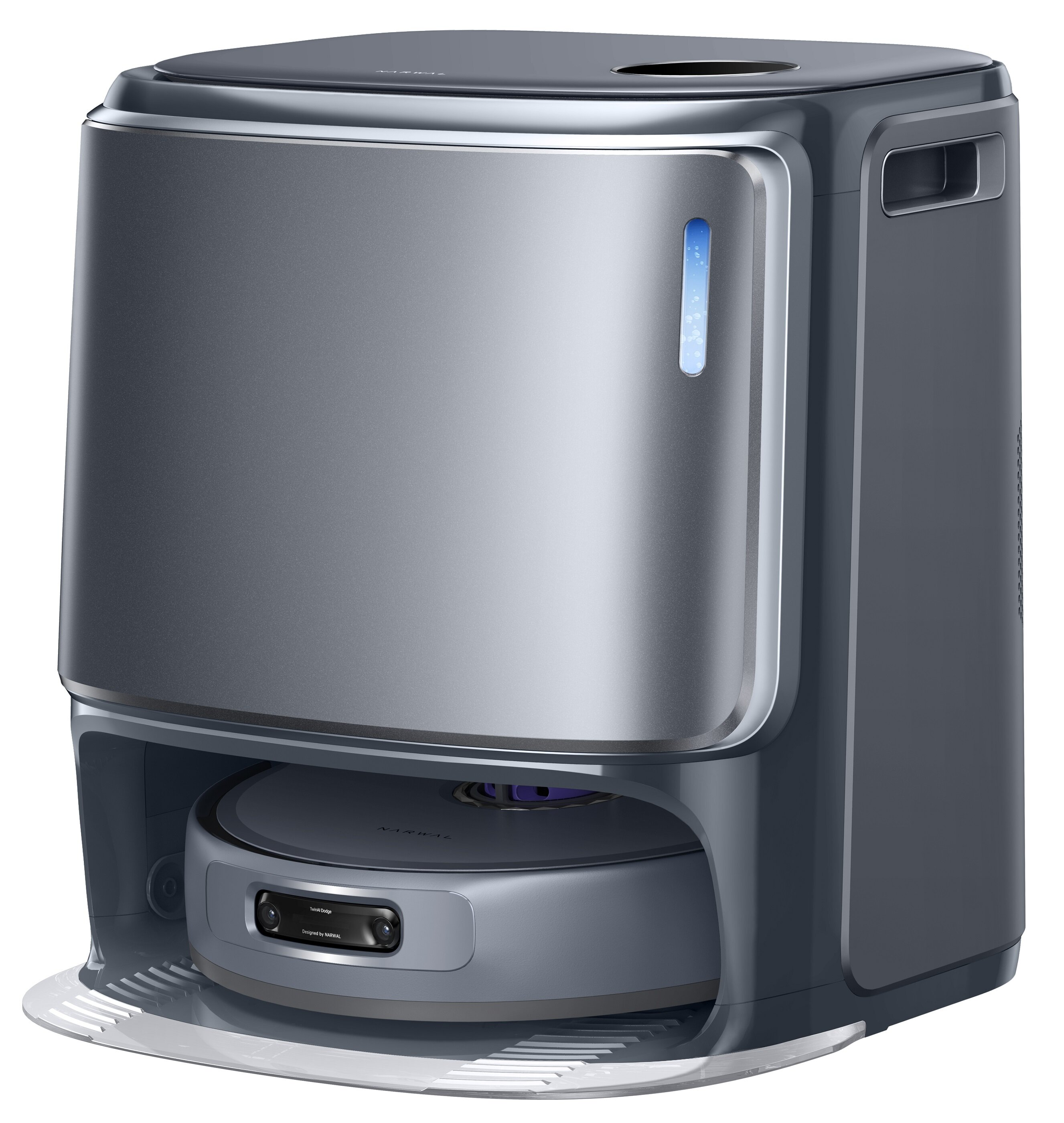 Szary i srebrny robot odkurzający z bazą ładującą. Baza ma przezroczystą plastikową rampę.