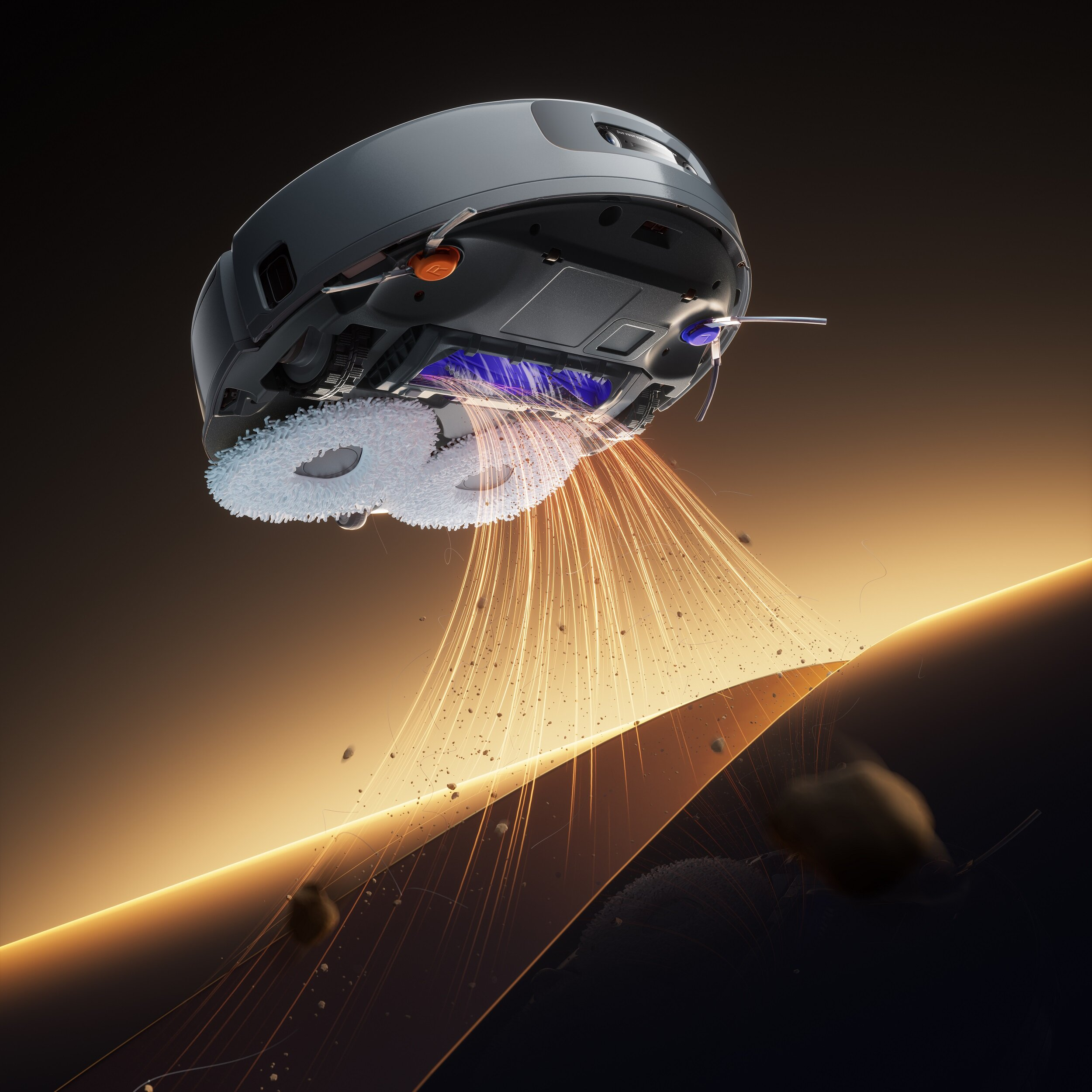 Latający odkurzacz robot sprząta. Cząsteczki kurzu i zanieczyszczenia są podnoszone z powierzchni. Scena ma futurystyczny charakter.