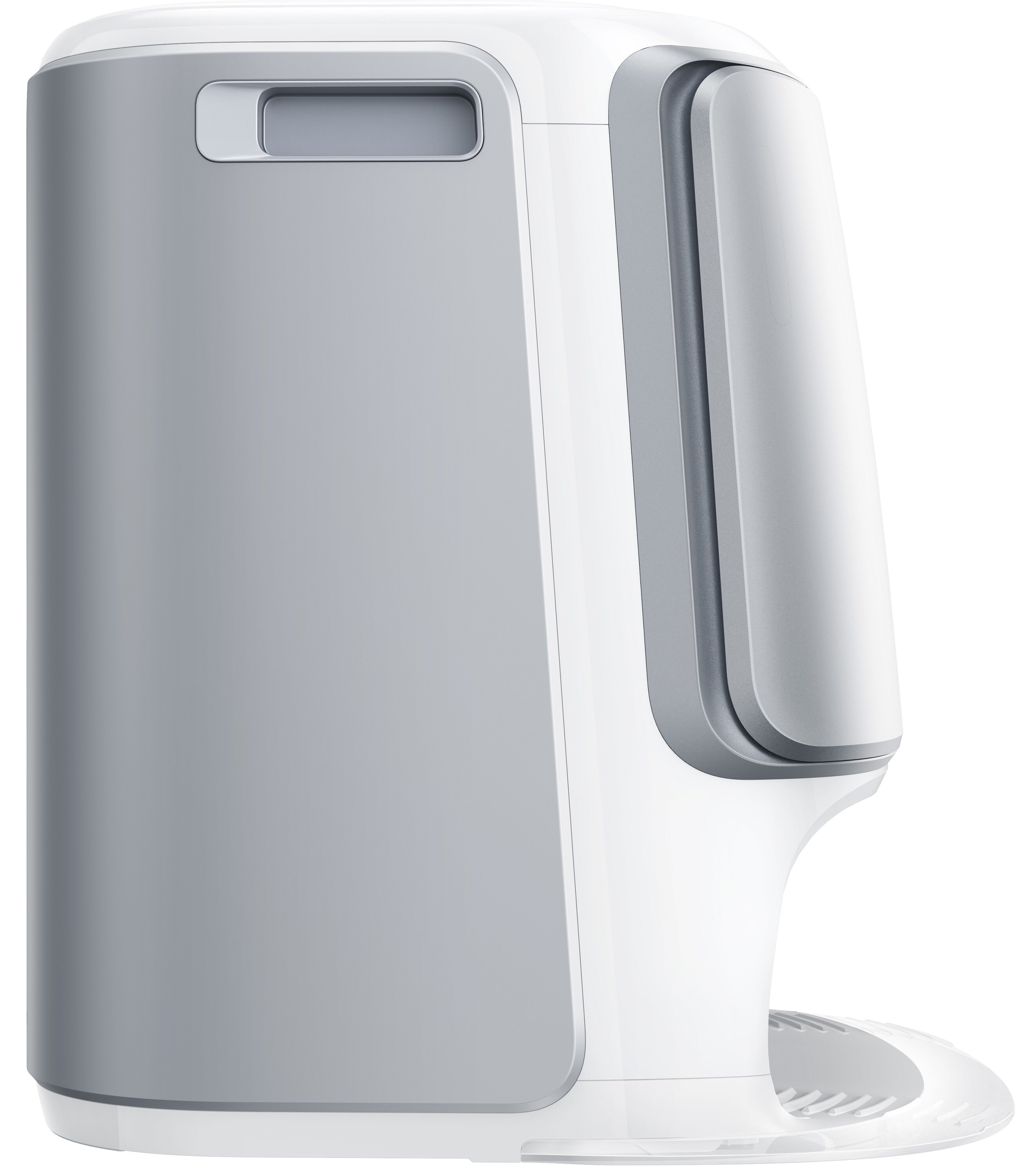 Nowoczesne, biało-szare urządzenie. Posiada szary prostokątny panel, zakrzywione białe boki i szczelinową podstawę.