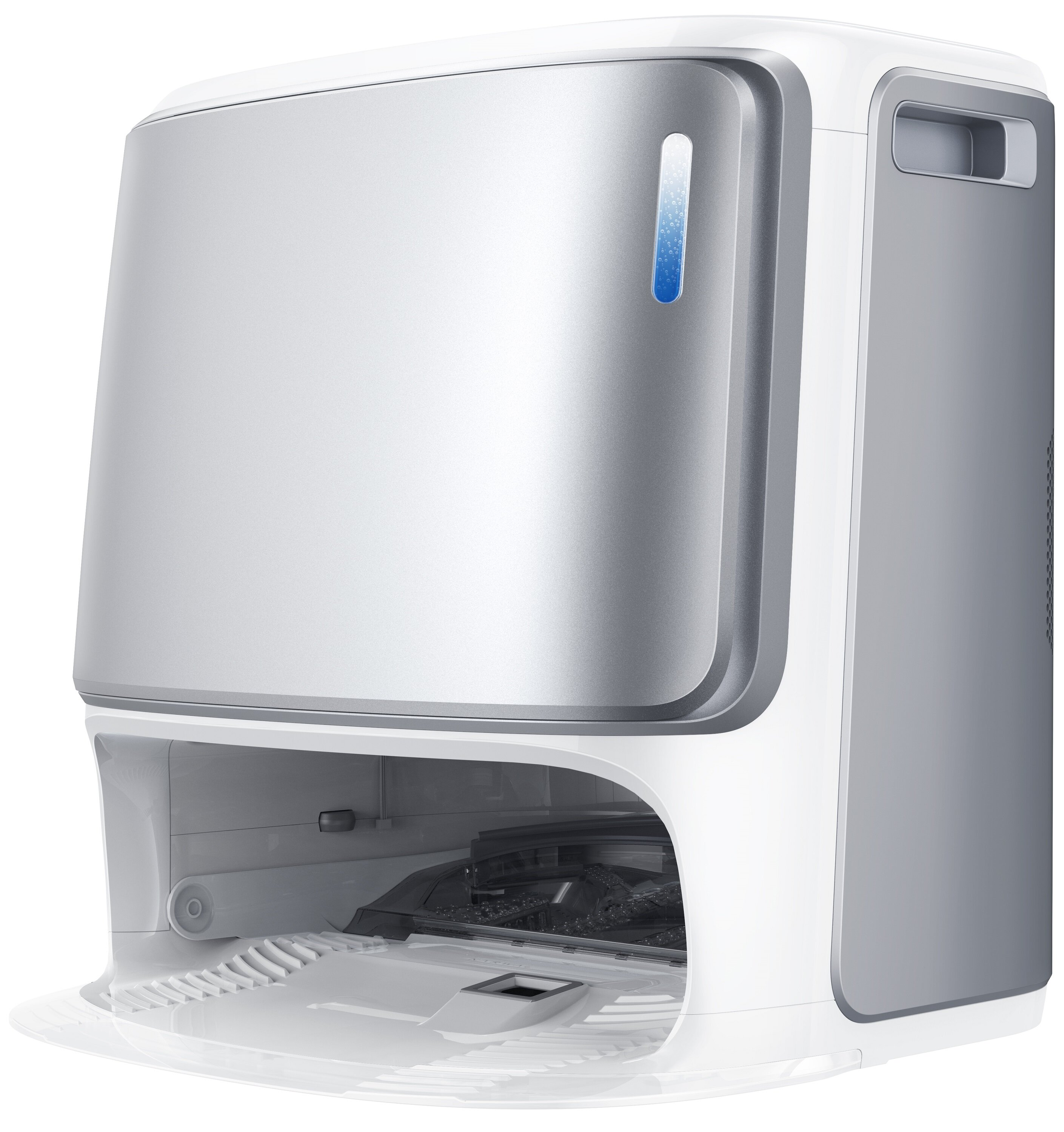 Białe i srebrne urządzenie z otworem z przodu. Ma niebieski wskaźnik poziomu cieczy. Drzwi są otwarte.