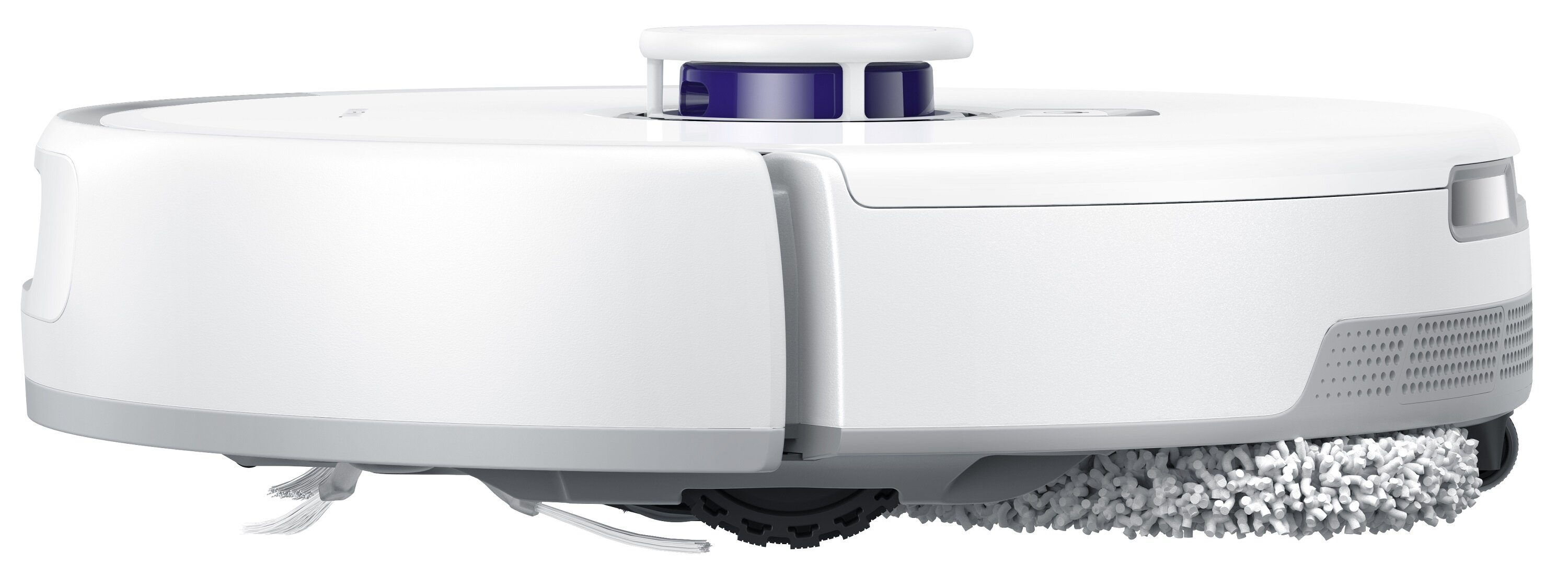 Biały robot sprzątający o okrągłym kształcie, z niebieskim wierzchem i szarym elementem czyszczącym. Widok z boku, na białym tle.