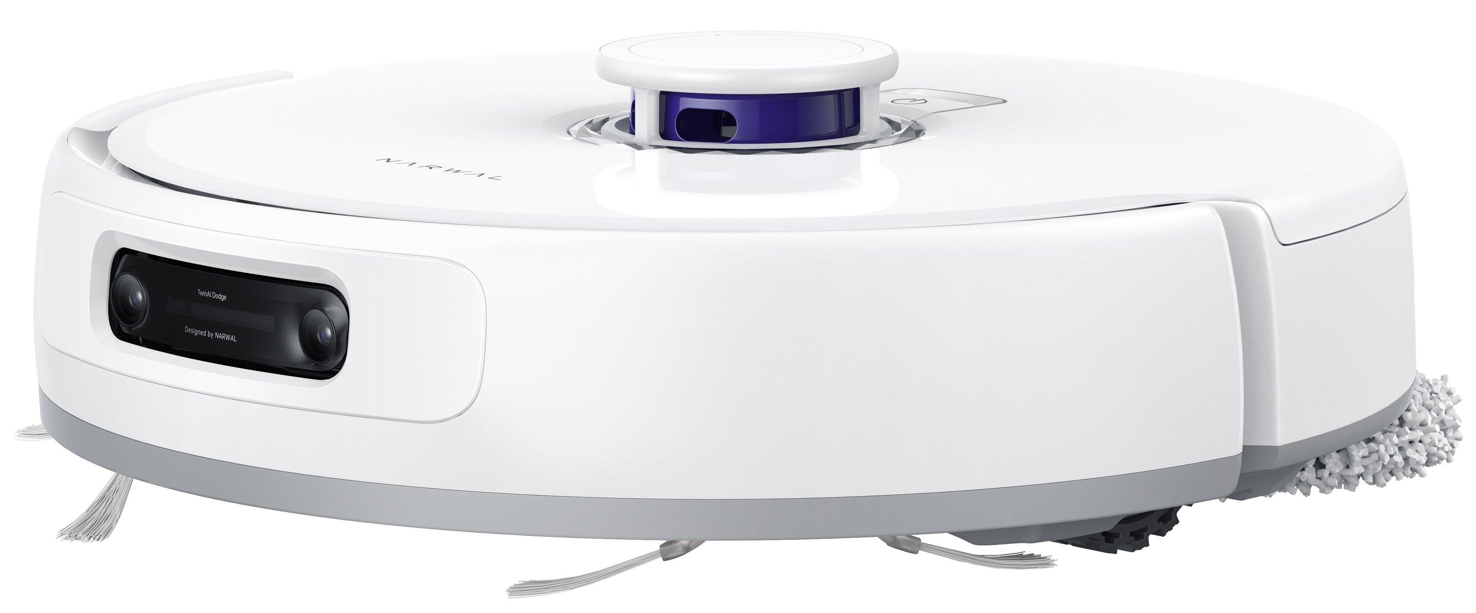 Biały odkurzacz robot z okrągłą górą, niebieskim czujnikiem i czarnym panelem przednim z kamerami.