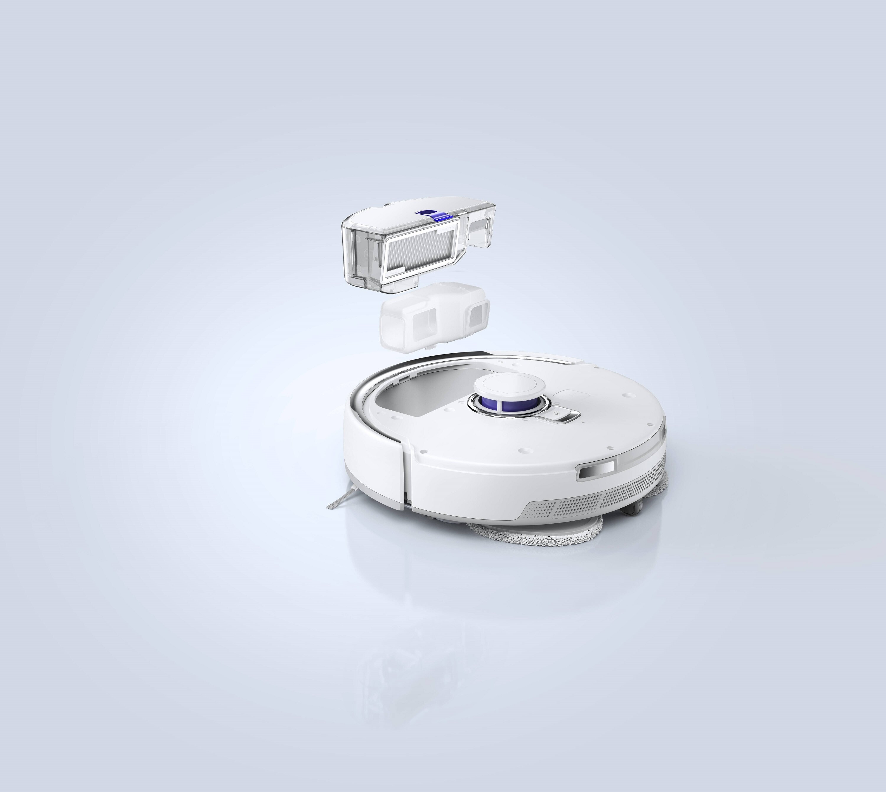 Biały robot odkurzający z odłączonymi częściami na jasnym tle. Komponenty obejmują pojemnik na kurz i filtr.