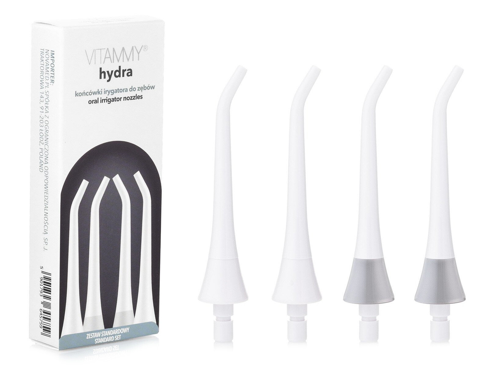 Białe pudełko z tekstem i czterema białymi końcówkami do irygatora jamy ustnej. Dwie mają szare podstawy. Końcówki są pochylone i stoją.