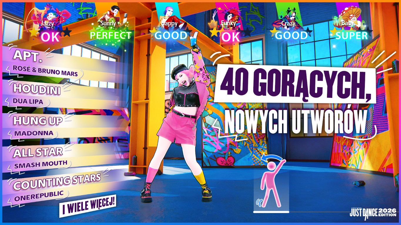 Kobieta w różowym stroju tańczy. Tekst mówi '40 nowych utworów' i 'Just Dance 2026 Edition'. Wymienione są tytuły piosenek.