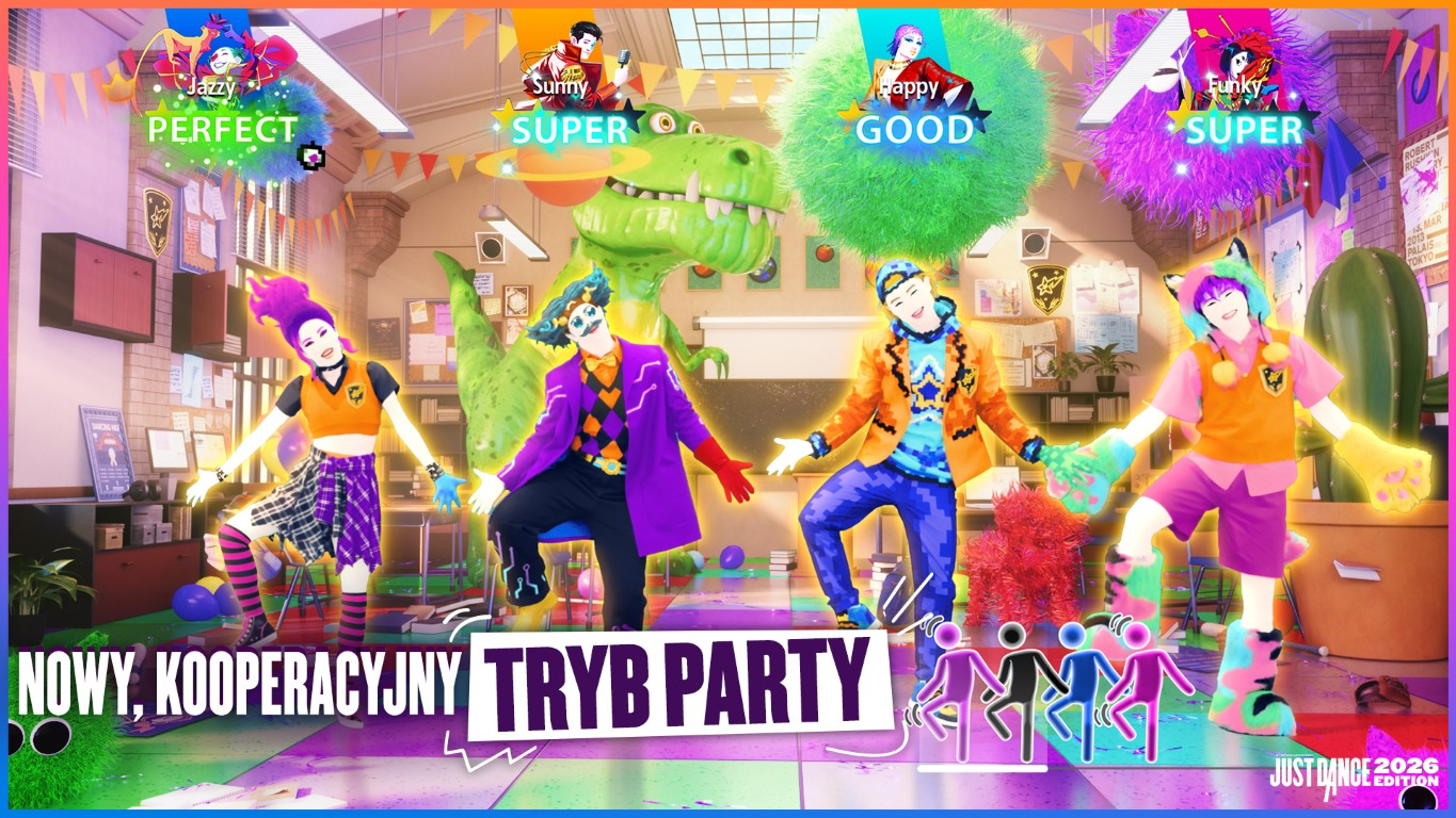 Scena gry z tancerzami, dinozaurem i tekstem. Widnieje napis 'Nowy, Kooperacyjny Tryb Party' i 'Just Dance 2026 Edition'.