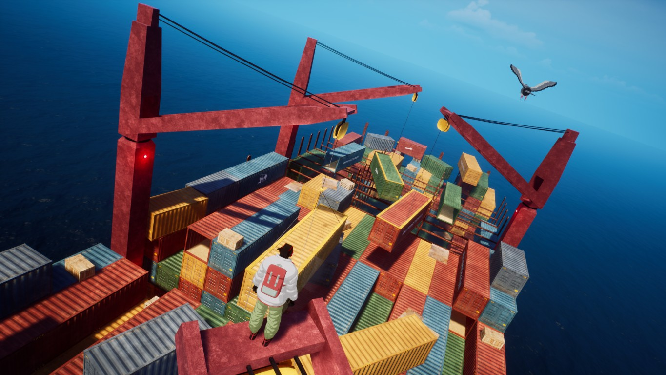 Osoba stoi na pokładzie statku towarowego wypełnionego kolorowymi kontenerami. Mewa leci nad głową. Czerwone dźwigi i błękitne morze dopełniają scenę.