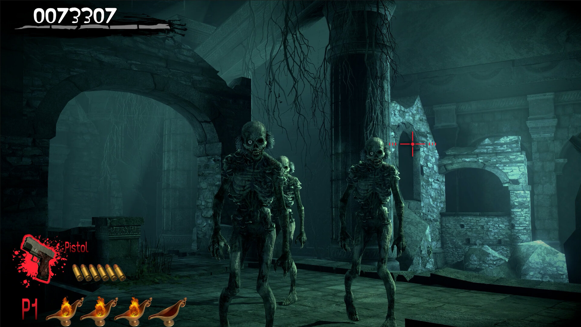 Trzy szkieletowe zombie w ciemnym kamiennym korytarzu. Wyświetlana jest ikona pistoletu i amunicja. Scena ma nakładkę celownika.