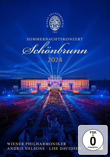 Schönbrunni koncert plakát. Egy kivilágított palotát mutat nagy tömeggel, valamint az esemény részleteit: Wiener Philharmoniker, 2024 és FSK 0.