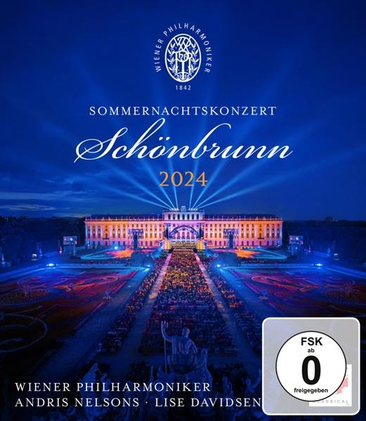 Koncertplakát. A Schönbrunn-palotát mutatja a közönséggel. A szöveg tartalmazza a 'Wiener Philharmoniker', 'Sommernachtskonzert' és '2024' szavakat.