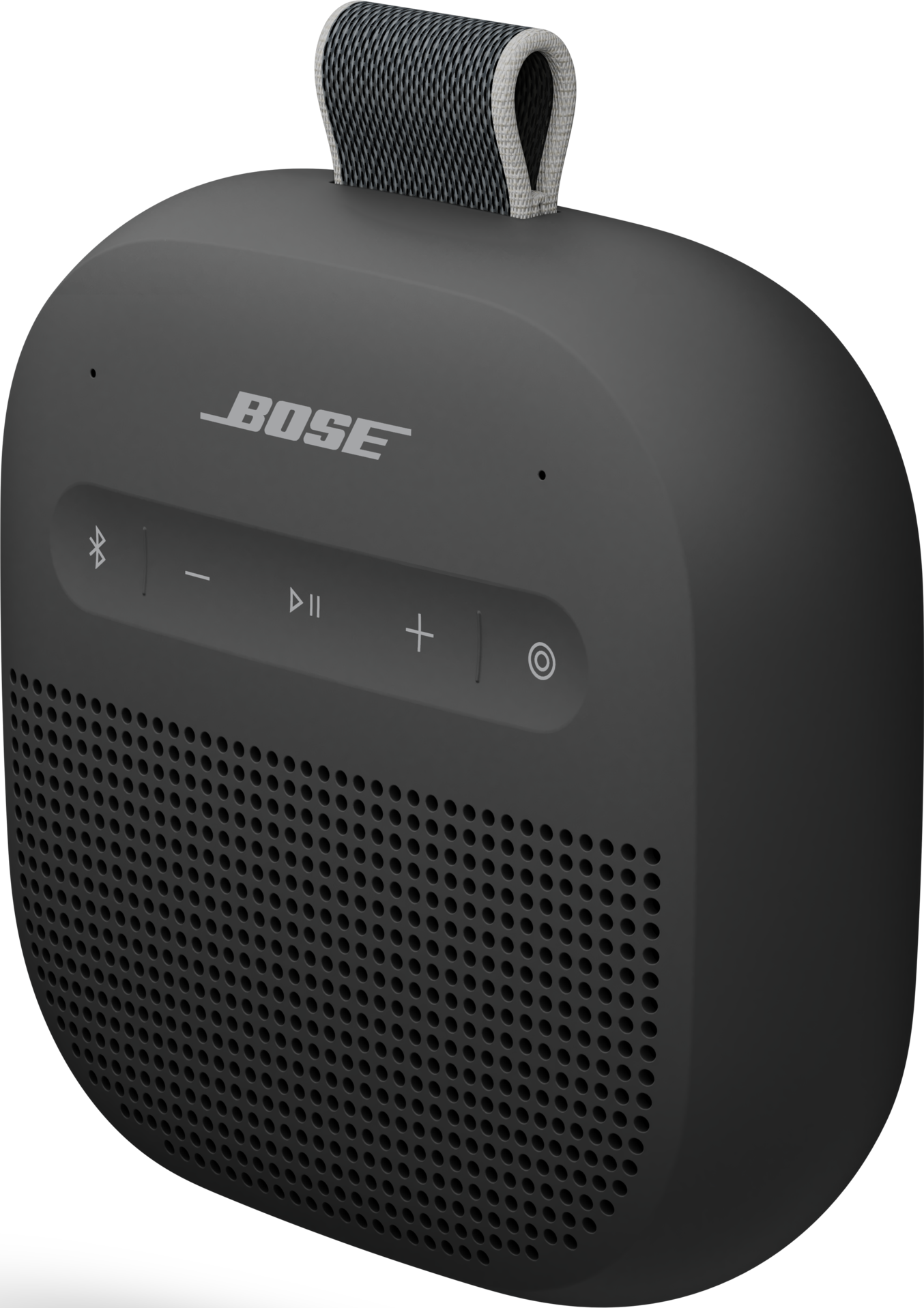 Dunkelgrauer tragbarer Bose-Lautsprecher mit Griff. Er hat Steuertasten und ein Lautsprechergitter. Der Hintergrund ist schwarz.