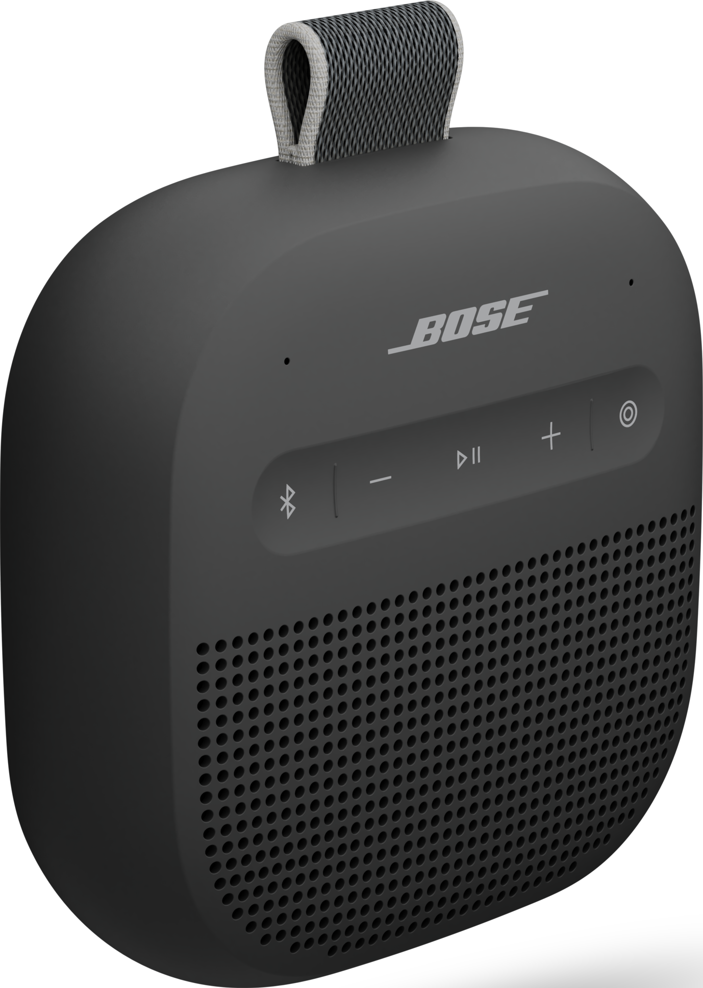 Ein schwarzer tragbarer Bose-Lautsprecher mit Stoffgriff, Steuertasten und perforiertem Lautsprechergitter.