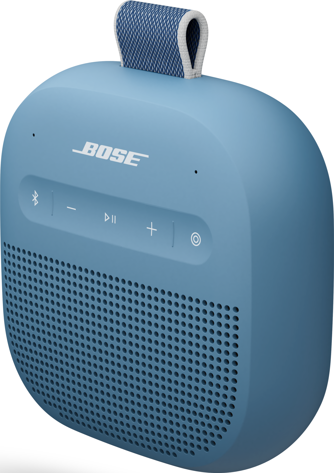 Ein hellblauer Bose-Lautsprecher mit Griff. Er hat Steuertasten und ein Lautsprechergitter. Der Griff ist blau und weiß.