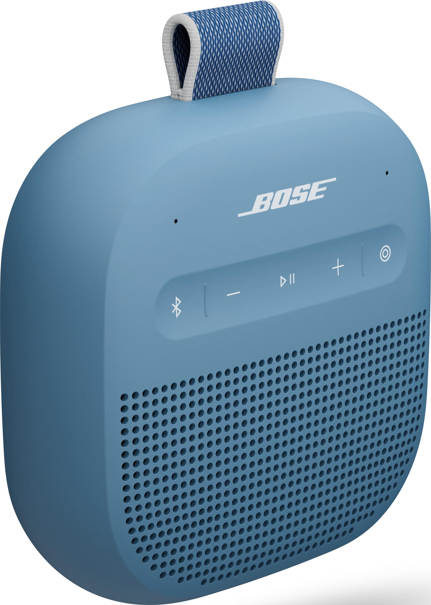 Ein blauer tragbarer Bose-Lautsprecher mit Griff. Er hat Bedientasten und ein Lautsprechergitter. Der Hintergrund ist schwarz.