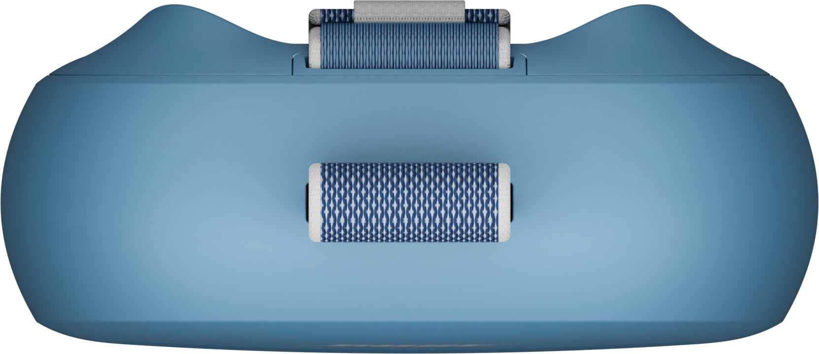 Draufsicht auf ein blaues Objekt mit drei zylindrischen Rollen mit Muster. Das Objekt hat eine abgerundete Form und einen schwarzen Hintergrund.