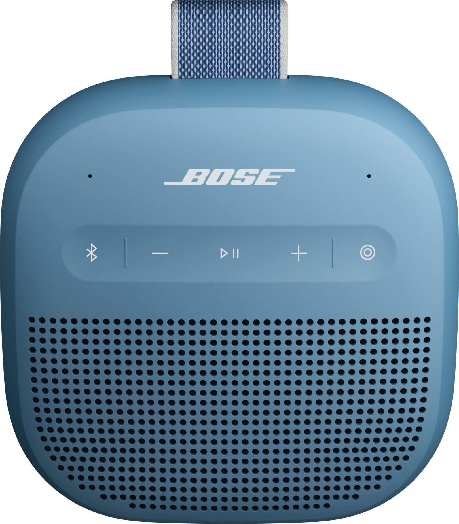 Ein blauer Bose-Lautsprecher mit Griff. Er hat Bedientasten und ein perforiertes Lautsprechergitter. Bose-Logo ist weiß.
