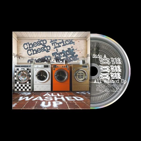 Albumcover mit vier Waschmaschinen in verschiedenen Farben und einer CD. Der Albumtitel lautet "All Washed Up" von Cheap Trick.