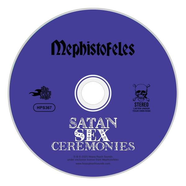 Eine lila CD mit Text. Der Titel 'Mephistofeles' steht oben. Es steht 'Satan Sex Ceremonies' und ein Totenkopf-Logo.