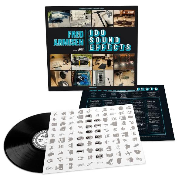 Vinyl-Schallplattenalbum mit dem Titel 'Fred Armisen 100 Sound Effects'. Das Album enthält Schallplatte, Cover-Art mit Symbolen und Informationsblatt.