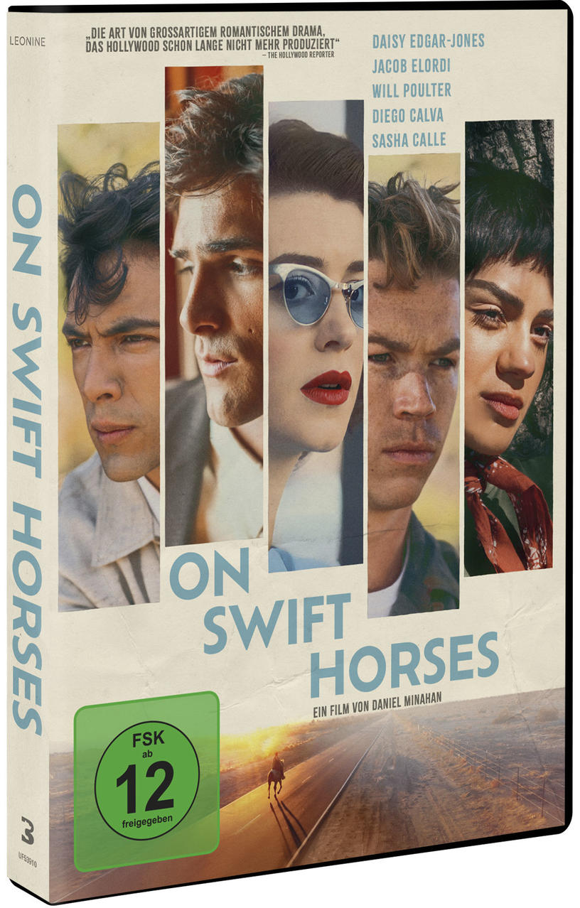 DVD-Cover von 'On Swift Horses'. Gesichter von Schauspielern sind vertikal geteilt. Ein grüner Rating-Aufkleber ist vorhanden. Ein einsamer Pferdereiter wird gezeigt.