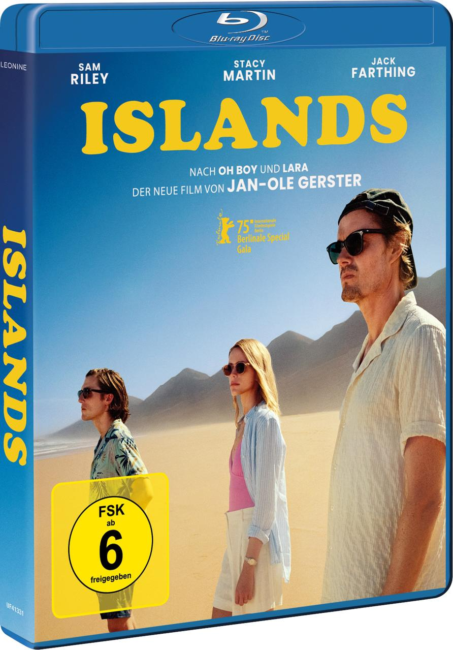 Blu-ray-Cover des Films 'Islands'. Drei Personen gehen am Strand. Der Titel ist gelb. Die Bewertung ist FSK 6.