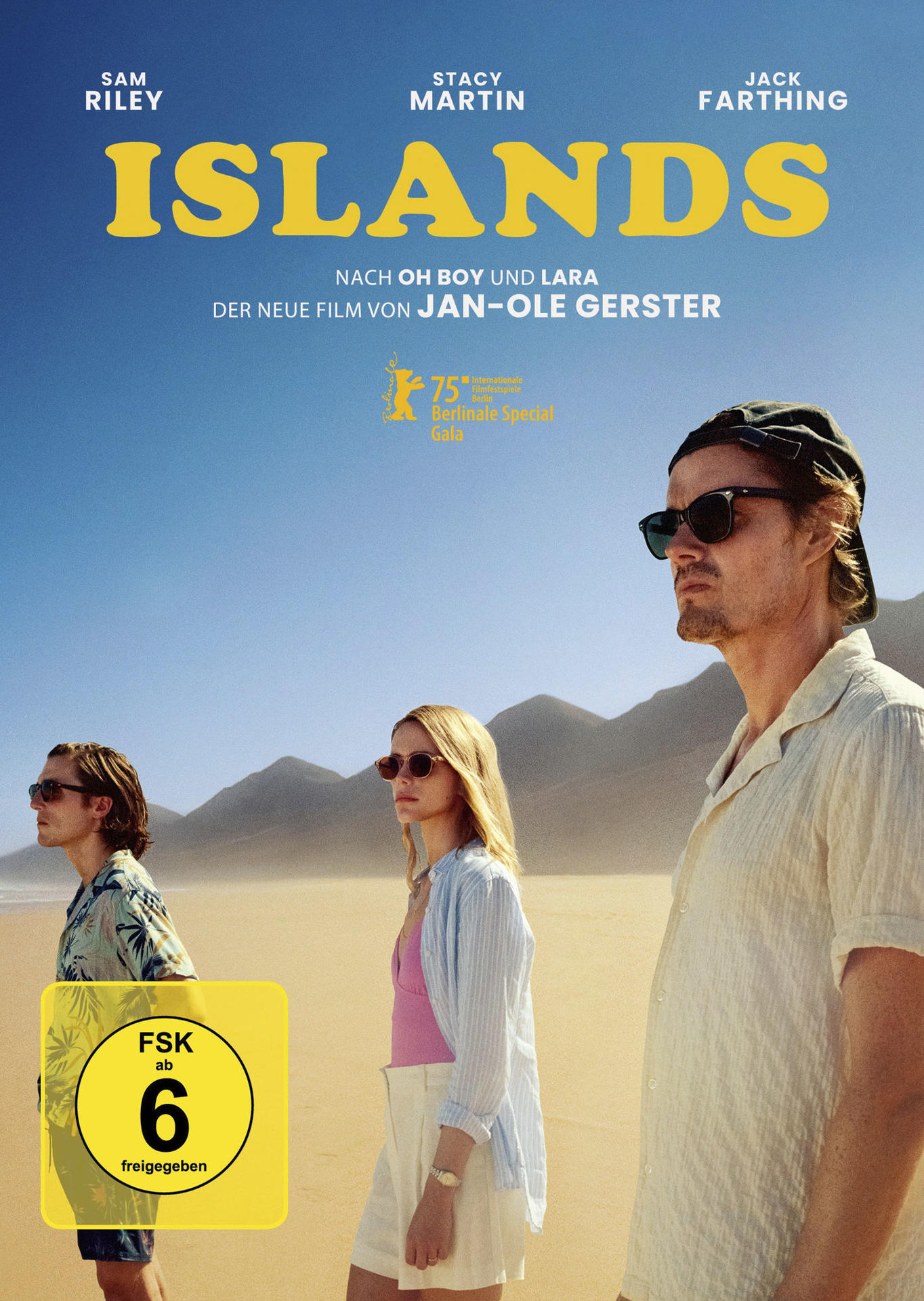 Filmposter für 'Islands'. Drei Personen mit Sonnenbrillen gehen am Strand. Titel in Gelb. Gelbe FSK 6-Bewertung links unten.