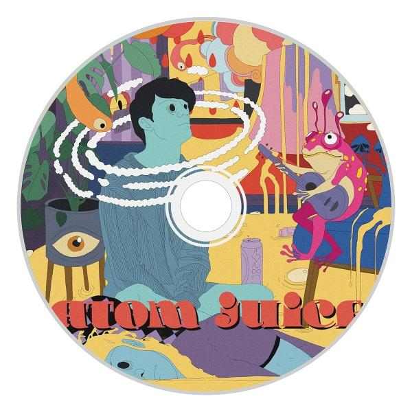 CD-Kunst: Eine blaue Figur, ein pinker Frosch spielt Gitarre, eine Person liegt, und abstrakte Elemente in farbenfroher Umgebung.