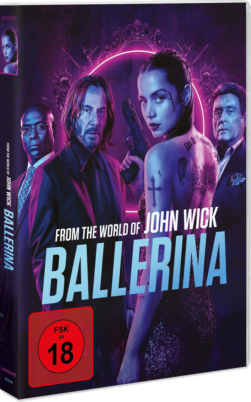 Kinoplakat für Ballerina. Mit Ana de Armas mit Waffe, Keanu Reeves und anderen. Rote '18'-Bewertung.