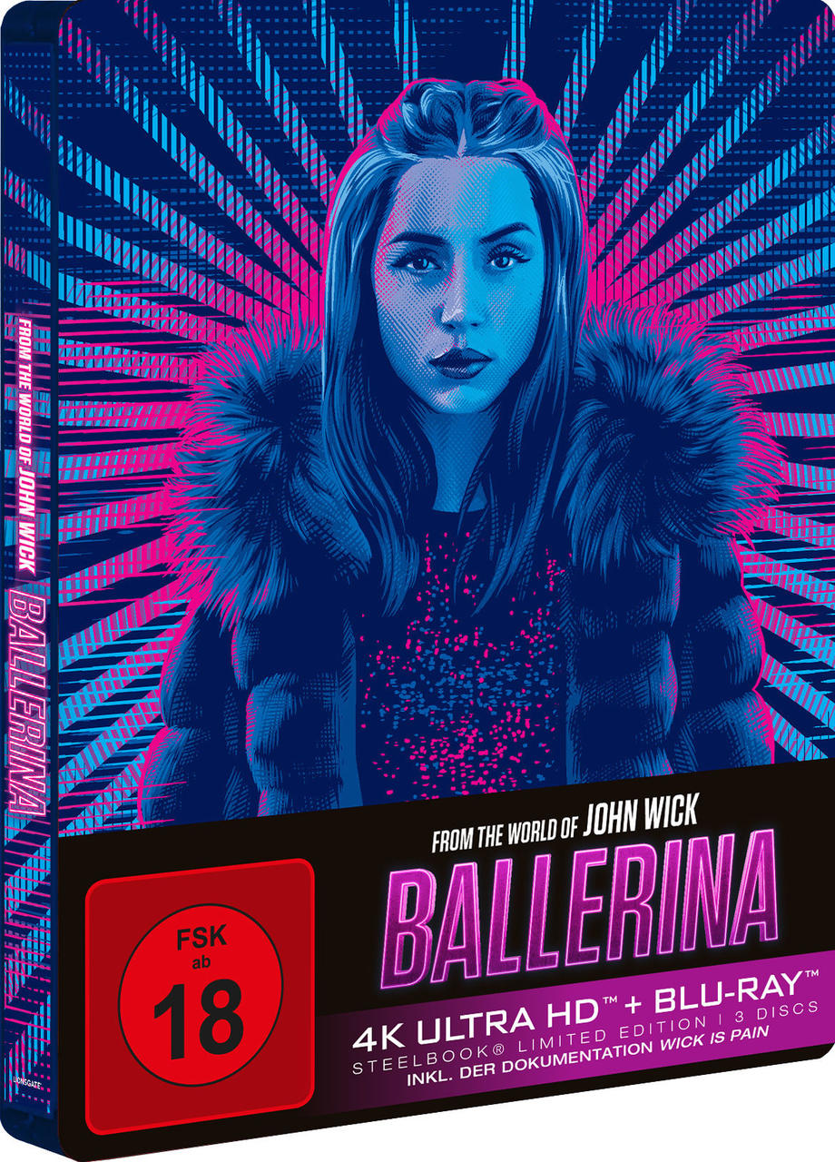 Ballerina-Filmcover: Frau mit blauen Haaren und Pelzmantel. Titel: Ballerina. Bewertung: 18. Hintergrund: blaue und pinkfarbene abstrakte Linien.