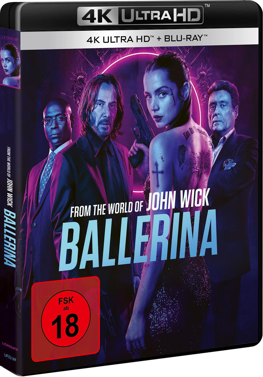 Filmcover für Ballerina, aus der Welt von John Wick. Zeigt Schauspieler und eine Frau mit Waffe, und eine Bewertung von 18.