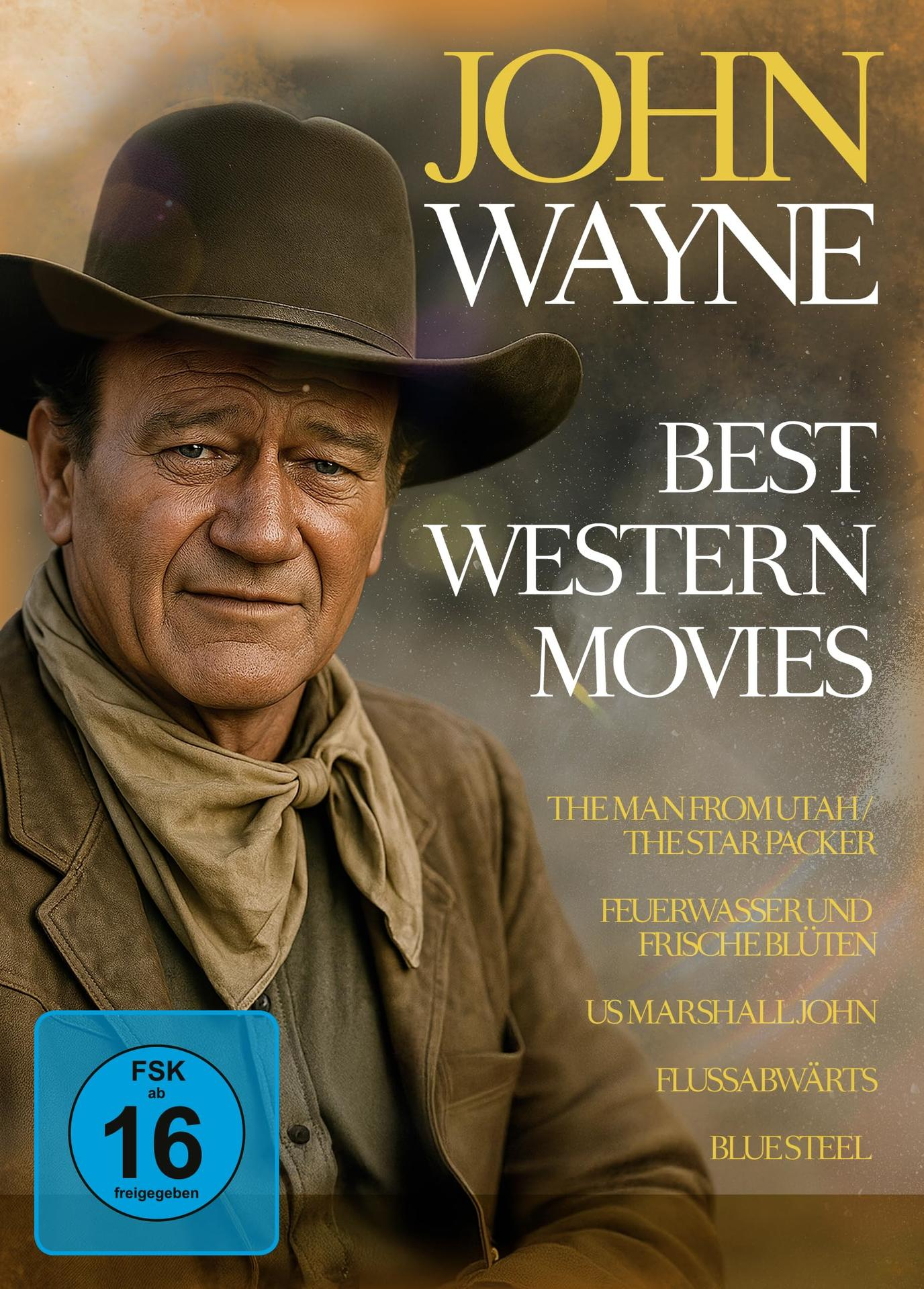 John Wayne auf einem Filmcover. Er trägt einen Hut und einen Schal, der Titel lautet 'Best Western Movies'. Ein Bewertungssymbol ist sichtbar.