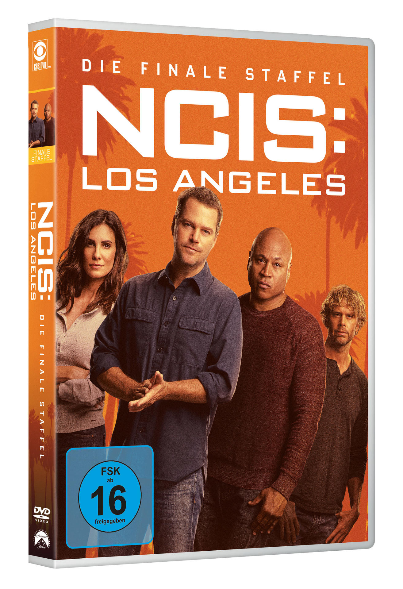DVD-Cover von NCIS: Los Angeles, letzte Staffel. Vier Schauspieler stehen vor orangefarbenem Hintergrund mit dem Titel der Serie.