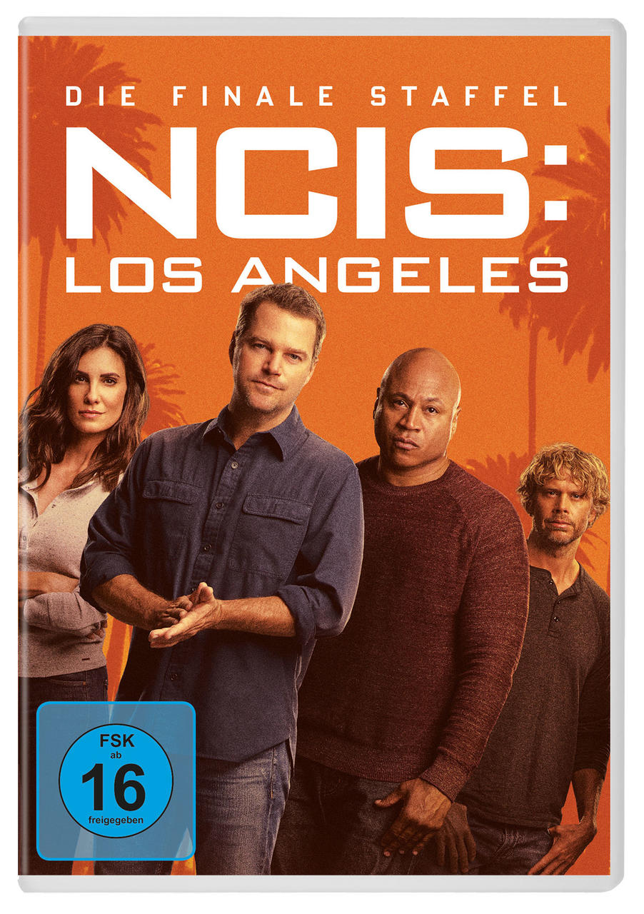 NCIS: Los Angeles DVD-Cover. Vier Schauspieler stehen vor orangefarbenem Hintergrund. Der Titel ist in weißen Buchstaben zu sehen.