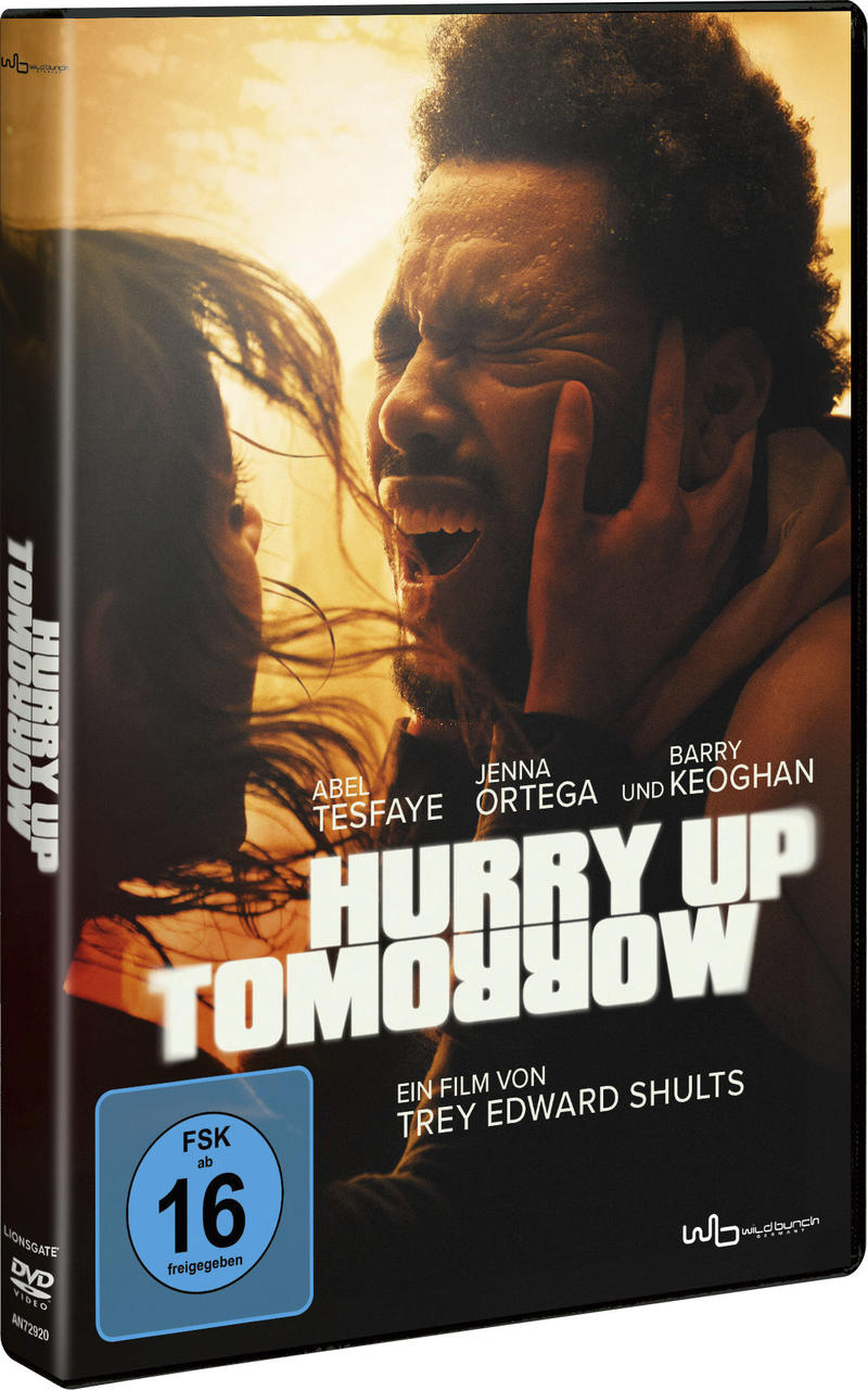 DVD-Cover des Films Hurry Up Tomorrow. Ein Mann schreit, das Gesicht einer anderen Person ist teilweise sichtbar. Filmtitel unten.