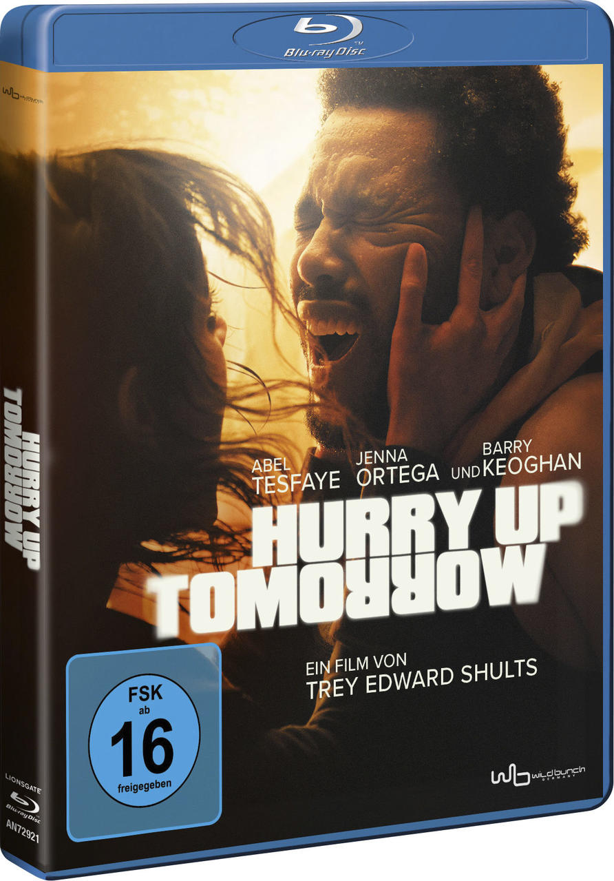 Blu-ray-Hülle mit dem Filmtitel "Hurry Up Tomorrow". Es zeigt zwei Gesichter, eines lächelnd, und eine Altersfreigabe von 16.