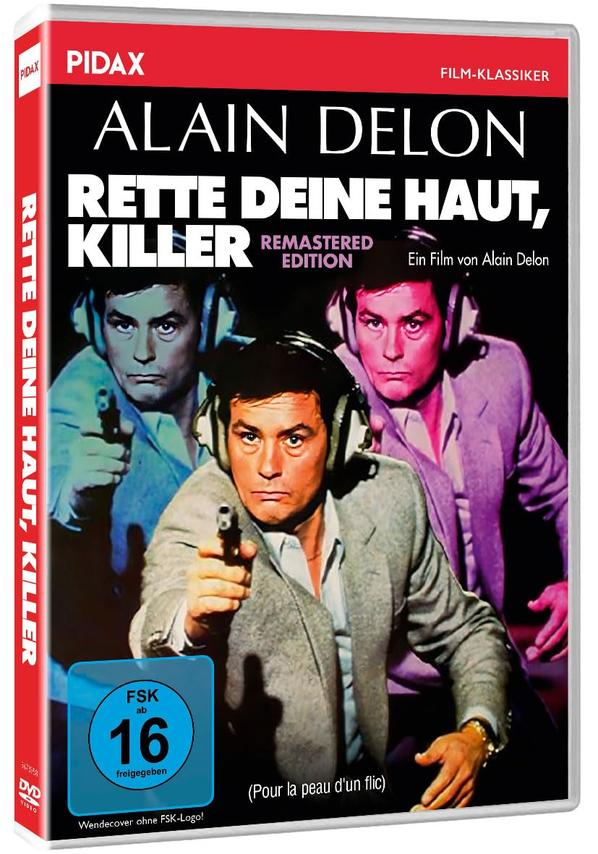 DVD-Cover von 'Rette Deine Haut, Killer' mit Alain Delon, der eine Waffe hält. Titel und Altersfreigabe sind sichtbar.