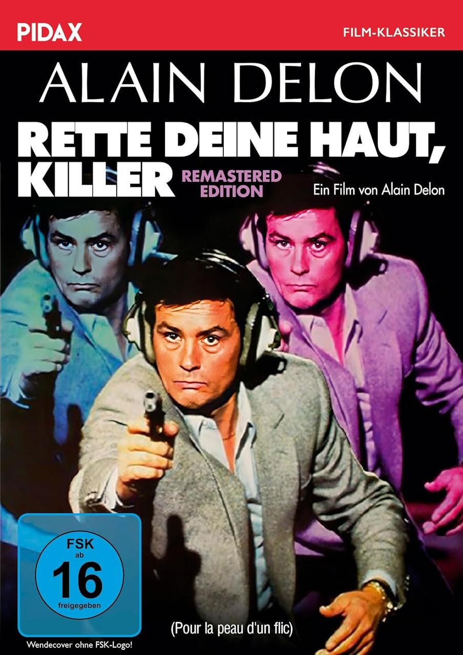 Filmposter mit Alain Delon, der eine Waffe hält. Der Titel ist auf Deutsch und rot. Der Hintergrund zeigt drei Bilder von Delon.