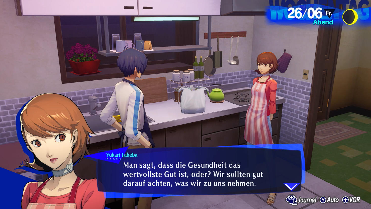 Drei Anime-Charaktere in einer Küche. Einer spricht. Küche hat Theke, Utensilien und ein Fenster mit Pflanzen.