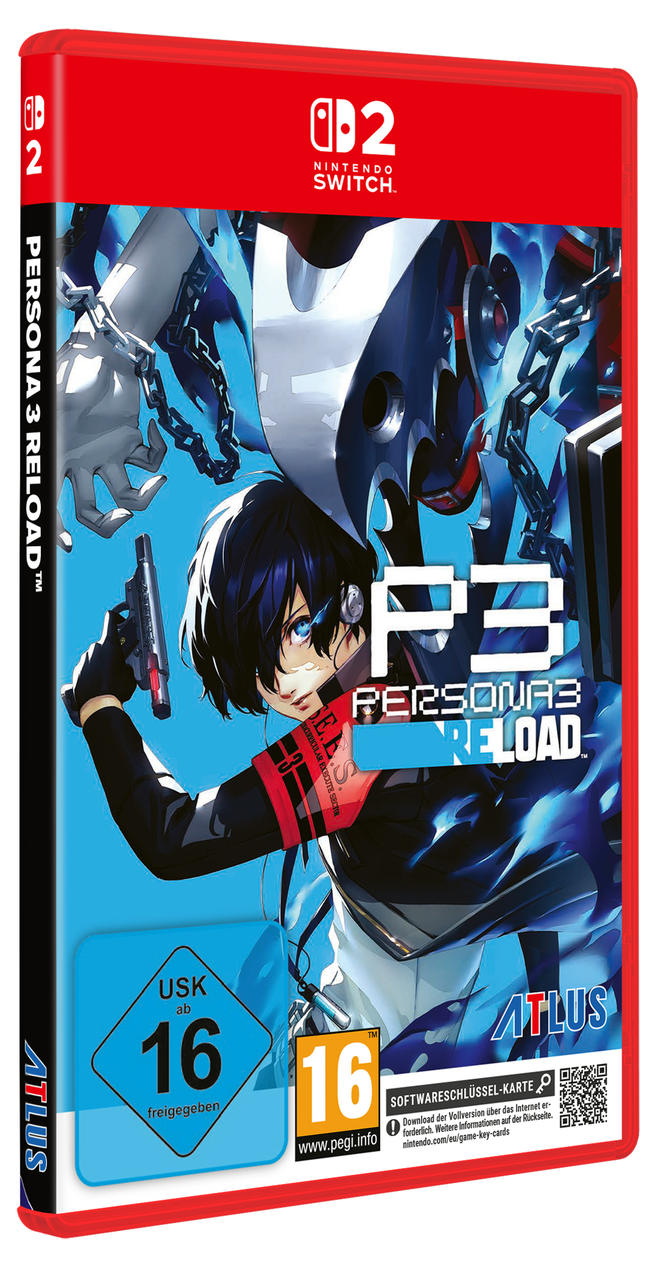 Spielhülle von Persona 3 Reload. Ein Charakter mit schwarzen Haaren und blauen Augen hält eine Pistole. Nintendo Switch-Logo.