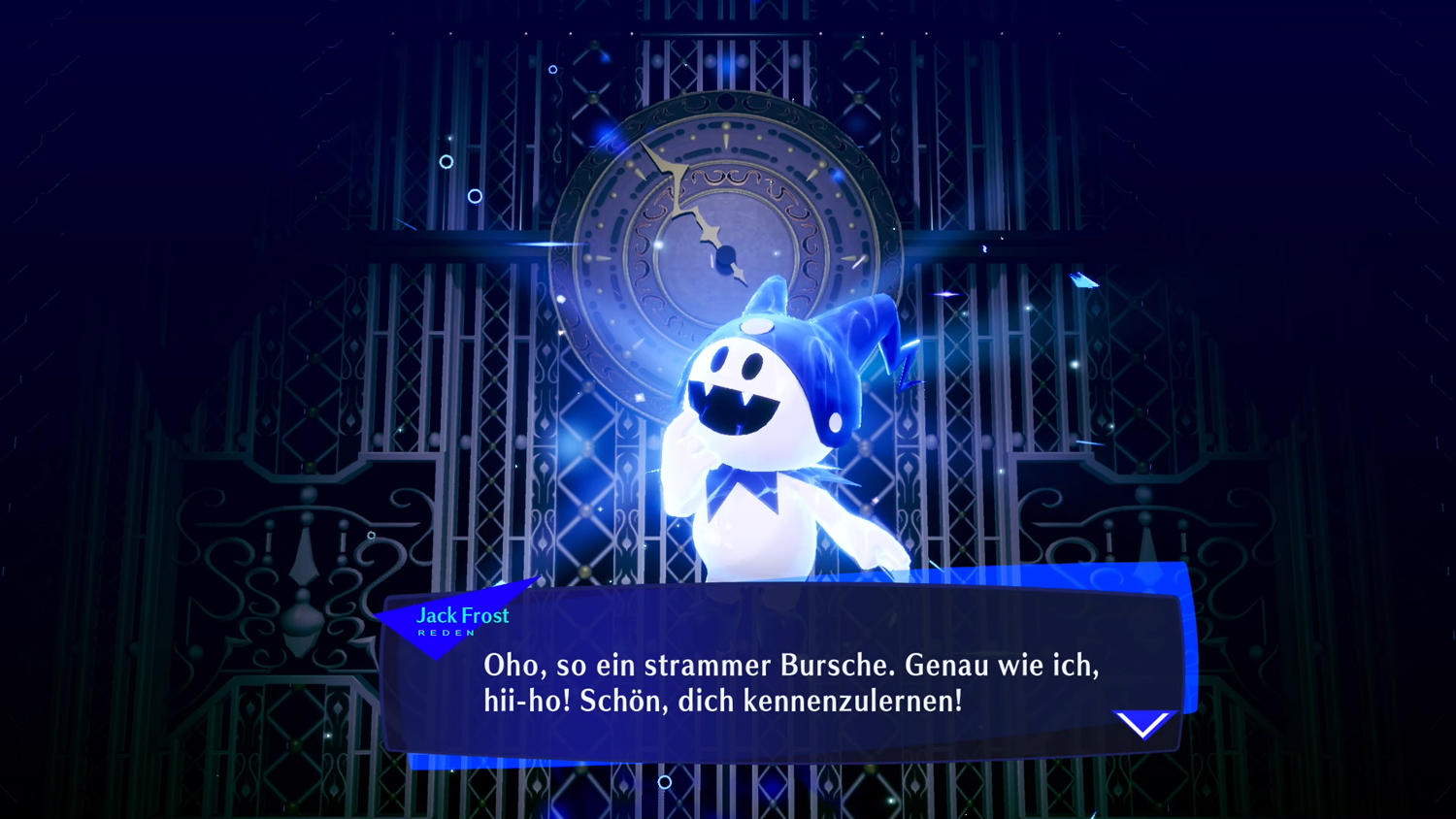Ein blauer Charakter mit Hut und Uhr im Hintergrund. Er sagt: 'Oho, so ein strammer Bursche. Genau wie ich, hii-ho!'.
