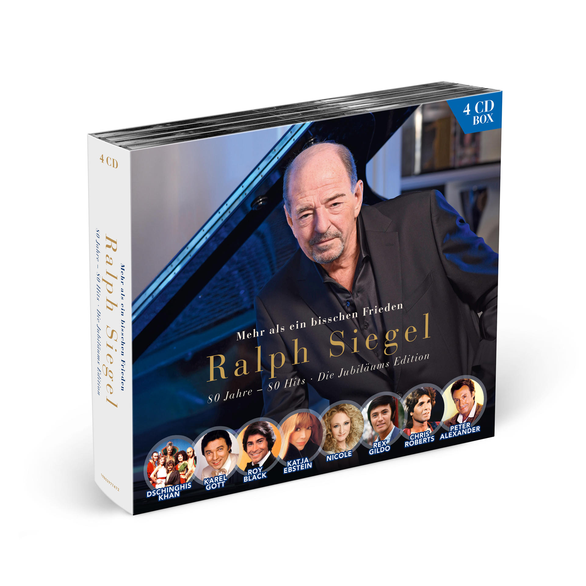 CD-Box-Set mit Ralph Siegel und Bildern verschiedener Künstler. Text enthält '80 Jahre - 80 Hits'. Box hat das Label '4 CD BOX'.