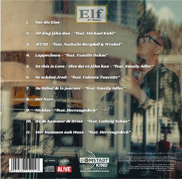 Albumcover. Mann blickt nach oben, im Glas gespiegelt. Albumtitel 'Elf' und Titelliste. Gitarre sichtbar, Barcode unten.